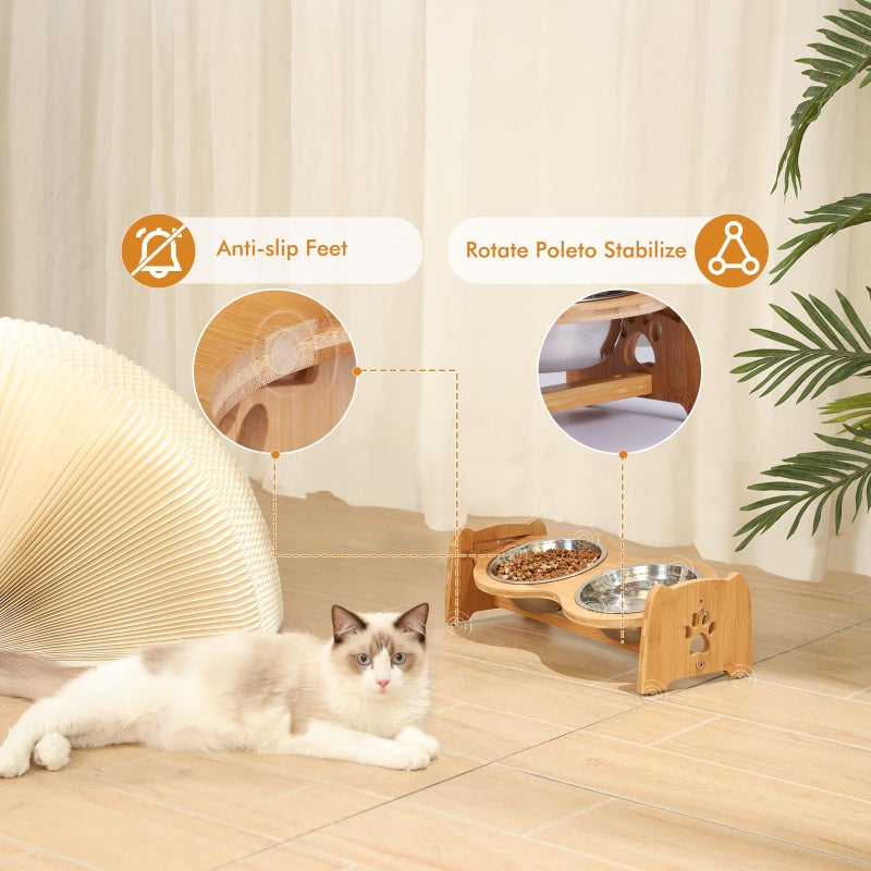 X-ZONE PET Elevated Dog Bowls for Cats and Dogs, Adjustable Bamboo Raised Dog Bowls for Small Dog, Food and Water Set Stand Feeder with 2 Stainless Steel Bowls and Anti Slip Feet (Height 4" to 4.5") - Image 4